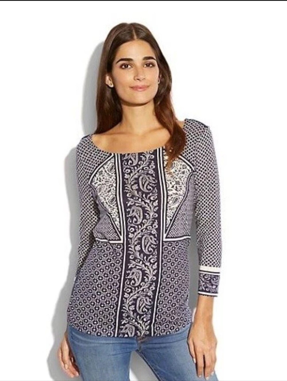 LUCKY BRAND NASHVILLE TRELLIS T-Shirt Womens M Blue Paisley Casual Boho Cottage